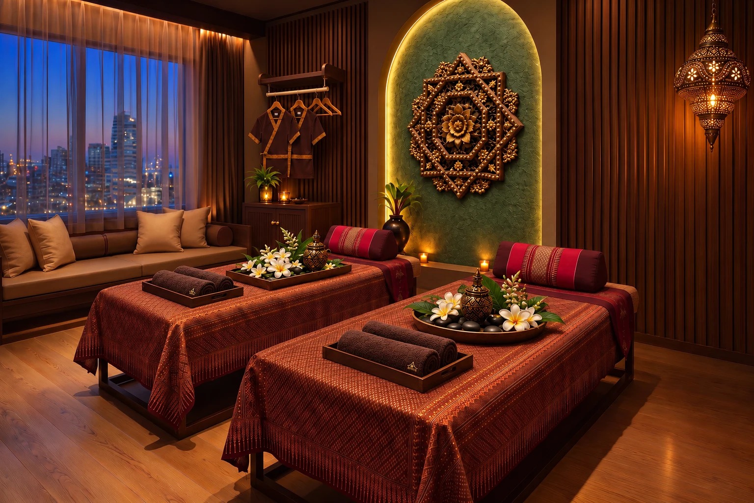 A Thai Oasis treatment room at night: two massage beds dressed in red-and-gold Thai brocade with maroon bolsters, rolled towels and frangipani trays, a carved wooden mandala in a softly lit arched niche, a pierced brass lantern, and city lights through the window
